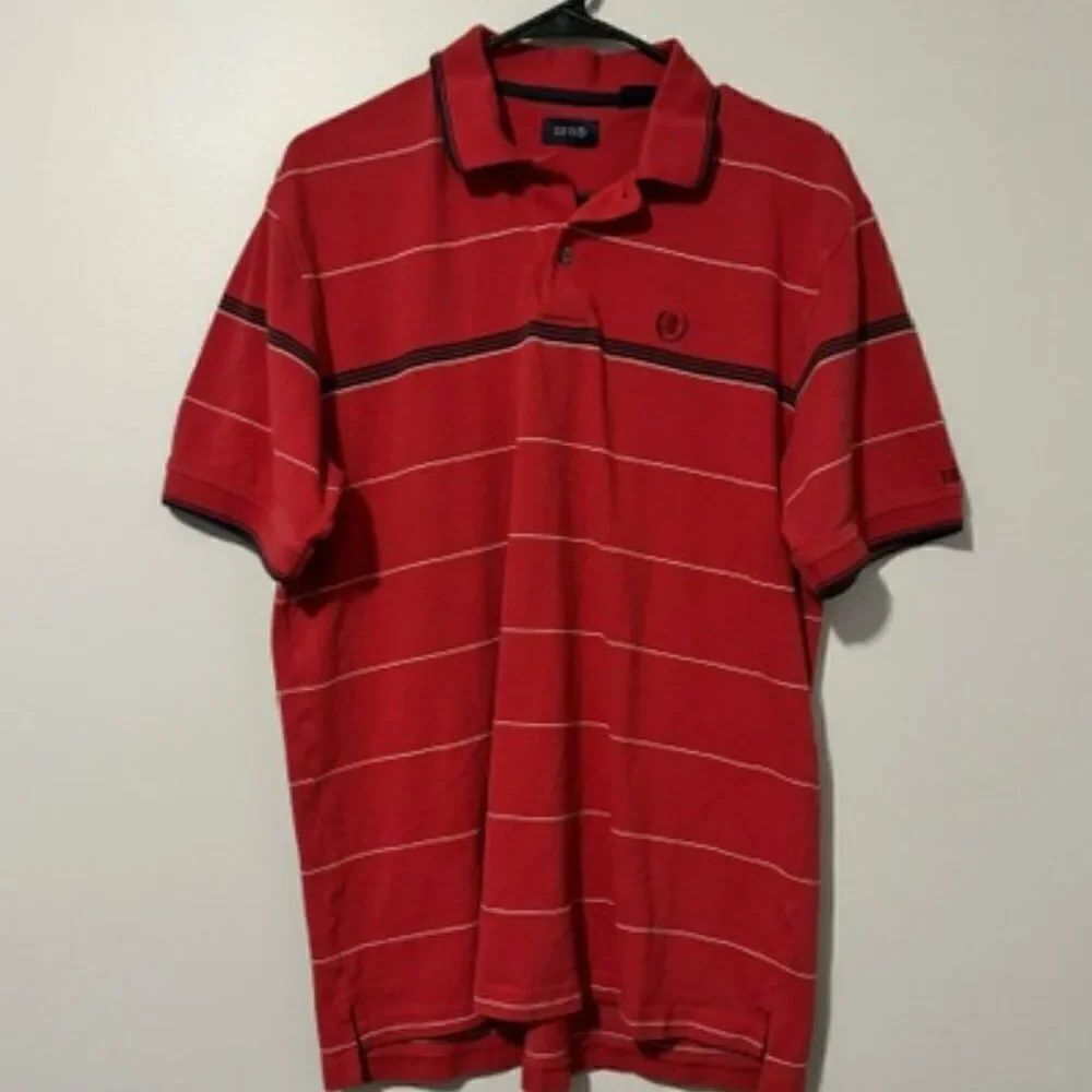 USED Men's IZOD Short Sleeve Shirt Striped Polo Color Red and Navy Size Large